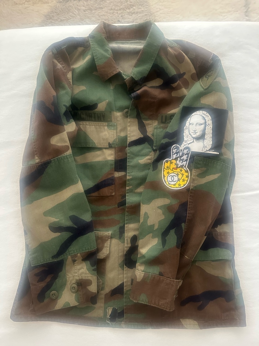 Camo Jacket with Red Sequin Tongue Graphic